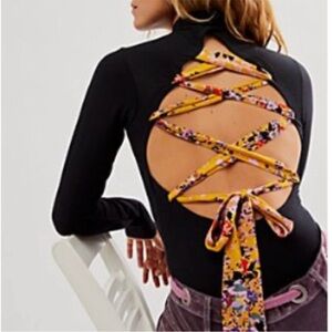 Free People Black Top with Floral Lace-Up Back